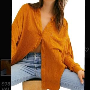 We The Free People Solid Hidden Valley Goldenrod Button-Down Waffle Shirt Size S